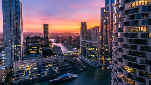 Office buildings in the financial district of London at sunset photo
