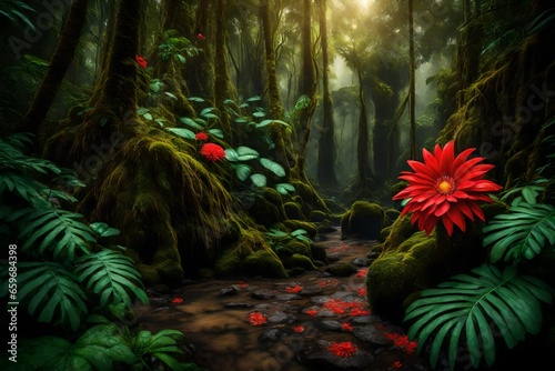 Rainforest with red flower.