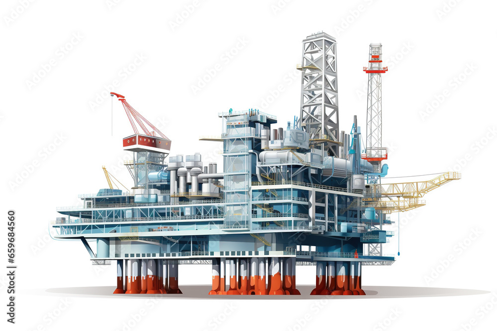 Detailed illustration of an industrial oil rig platform on the ocean isolated on a white background Detailed illustration of an industrial oil rig platform on the ocean isolated on a white background