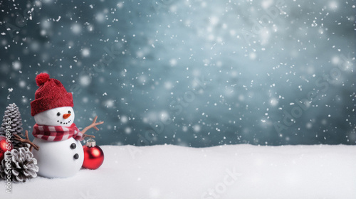Snowman with snow and christmas decorations in background. © Synthetica