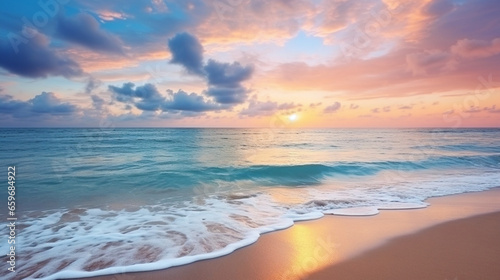 A serene and captivating view of picturesque clouds floating over a tropical beach and sea.