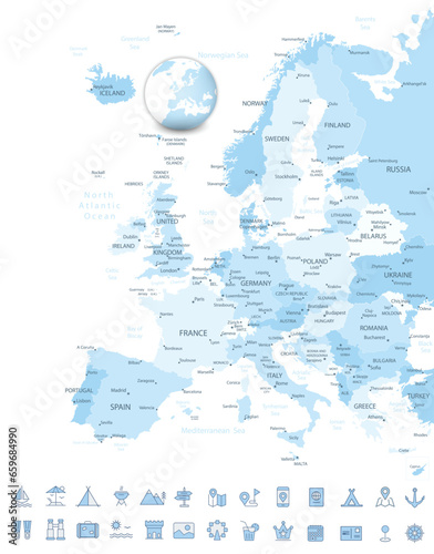 Europe map and Travel Flat Icons with Spotted Soft Blue Colors