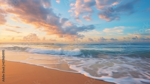Vibrant, picturesque scene of tropical beach and sea beneath a stunning, ethereal cloudscape.