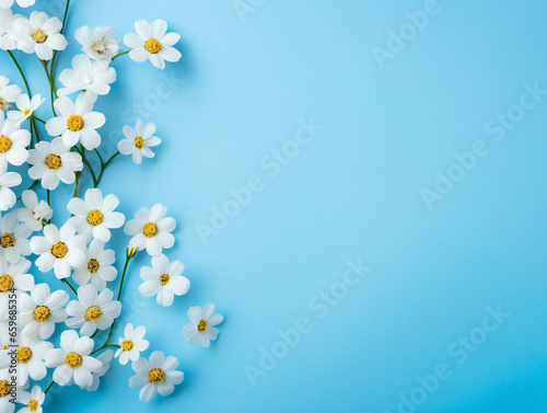 Vibrant, sprawling flowers bloom against a serene blue backdrop in a classical V-52 style composition. © Szalai