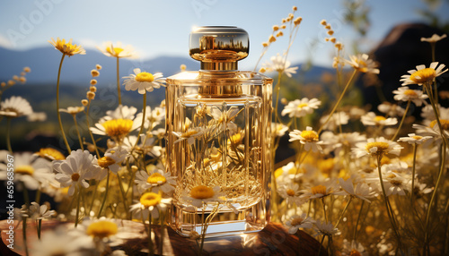 Nature beauty in a meadow fresh flowers, glass jar, and sunlight generated by AI
