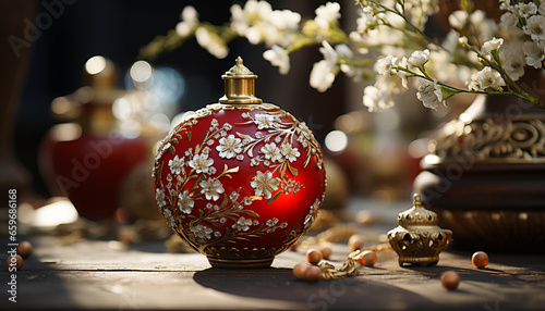 Winter celebration  ornate Christmas decoration  illuminated tree  rustic wood decor generated by AI