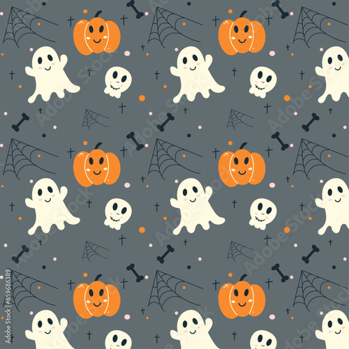Halloween vector pattern. Halloween seamless design with ghost, skull, pumpkin, bone, crosses, cobweb on gray background