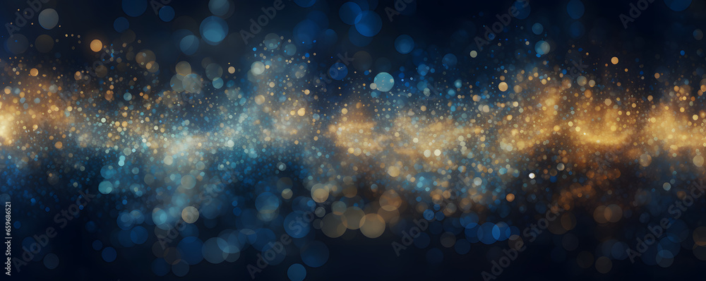 Hintergrund mit abstrakten Glitter Lichter, Funkeln, Sterne in blau, gold und schwarz als bokeh Banner - obrazy, fototapety, plakaty 
