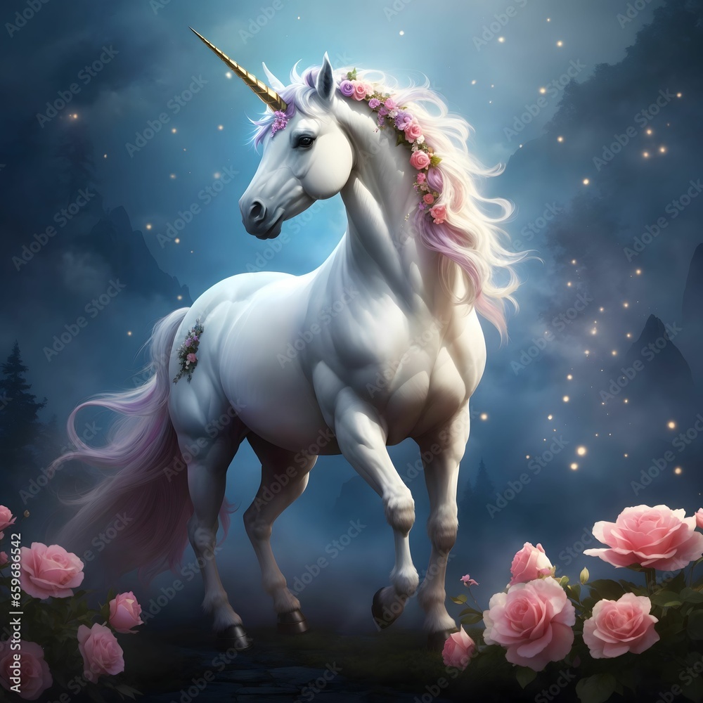 Fototapeta premium Mythical Unicorn Cute Colorful Magic Unicorn With Flowers Adorable Unicorn On Flying Cloud AI Generative