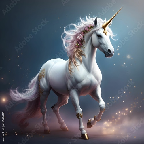 Mythical Unicorn Cute Colorful Magic Unicorn With Flowers Adorable Unicorn On Flying Cloud AI Generative