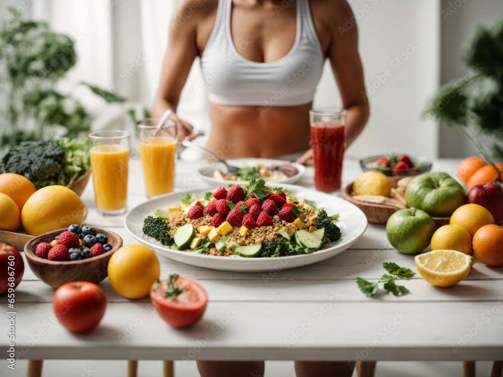 Seemingly healthy individuals in front of a white table with healthy food. A clear, clean image representing a healthy and balanced diet with a healthy lifestyle. Seemingly healthy individuals in front of a white table with healthy food. A clear, clean image representing a healthy and balanced diet with a healthy lifestyle.