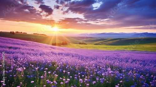 A breathtaking sunrise paints a stunning rural landscape with a panoramic view in soft colors.