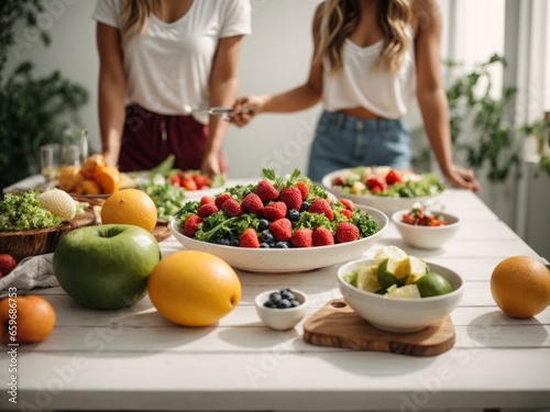 Seemingly healthy individuals in front of a white table with healthy food. A clear, clean image representing a healthy and balanced diet with a healthy lifestyle.