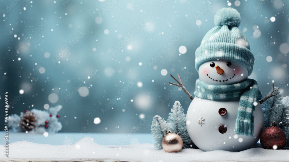 Fototapeta premium Happy christmas card with snowman and fir trees.