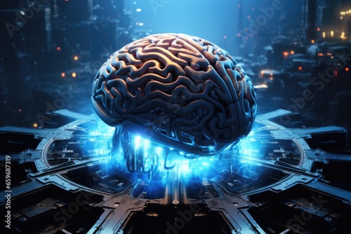 The human brain as the core of knowledge and intelligence center Microprocessor, super computer, artificial intelligence, neural network, Internet network, virtual chat assistant, cloud storage