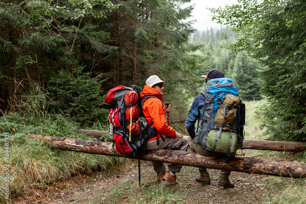 two male tourists with backpacks and hiking equipment sit in the forest and relax, people on a mountain hike talking