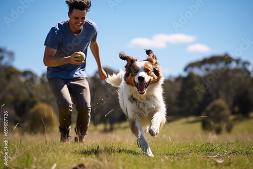 Man playing fetch with his enthusiastic Australian Shepherd, in a wide open field