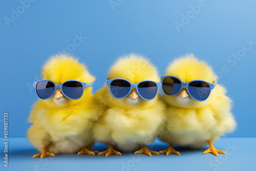 three yellow chicks with blue sunglasses bang, studio blue background. easter concept