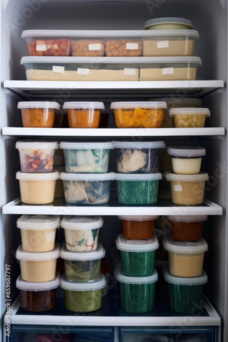 Open fridge with Variety of mixed spices in plastic jars inside