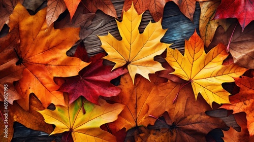 Autumn season background with colored leaves on wooden background. Top view