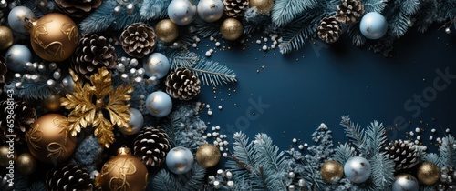 Blue Christmas celebrate greeting background with free space for your wishes. Merry Christmas banner with pine cones, twigs and shiny balls. Mockup template