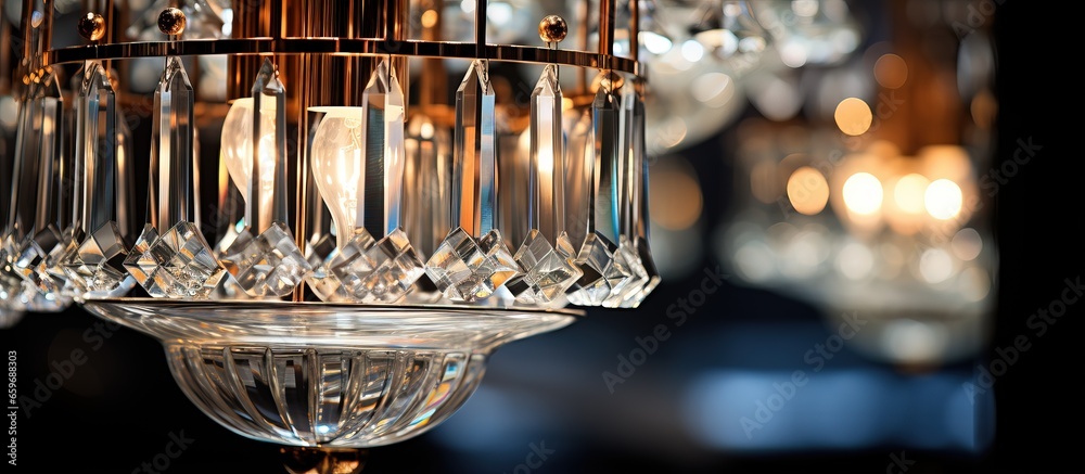 The modern chandelier with crystal glass emits varied lighting through light refractions - obrazy, fototapety, plakaty 