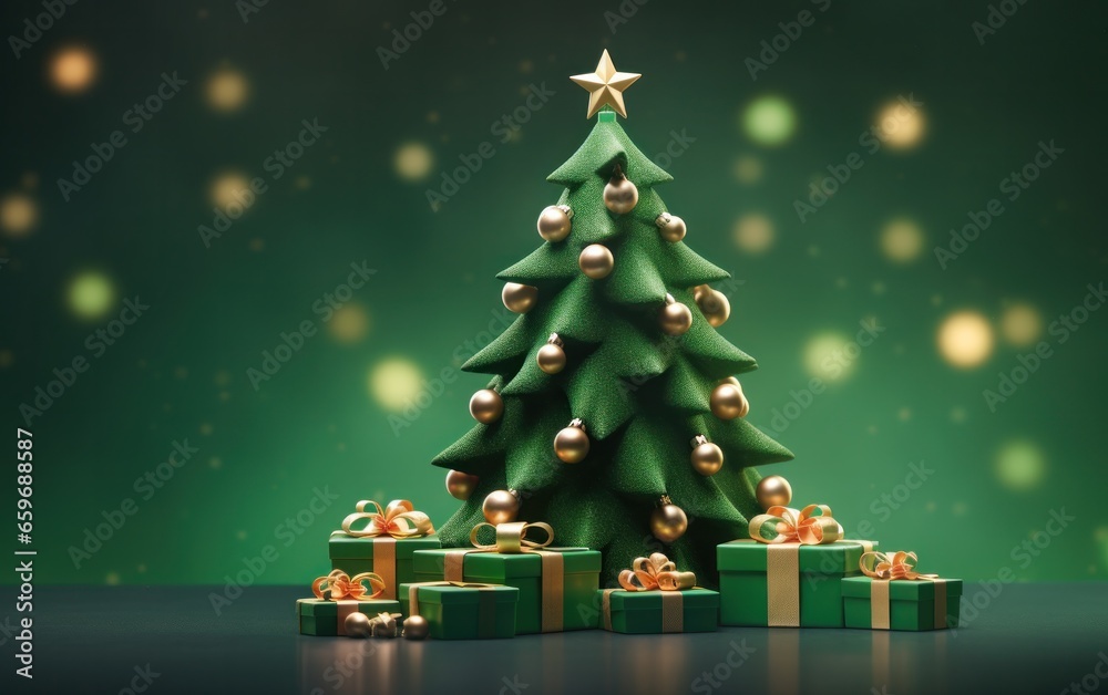 Simple Christmas tree decorated with balls and gifts on green background. Merry Christmas