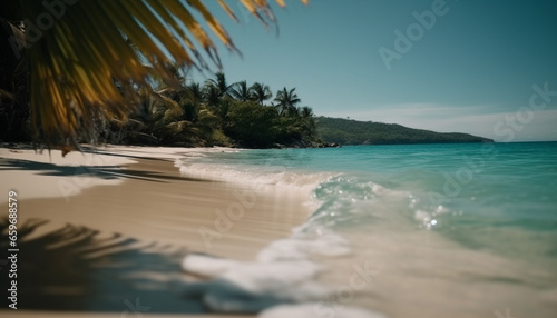 Idyllic tropical coastline, turquoise waters, palm trees, tranquil scene, relaxation generated by AI