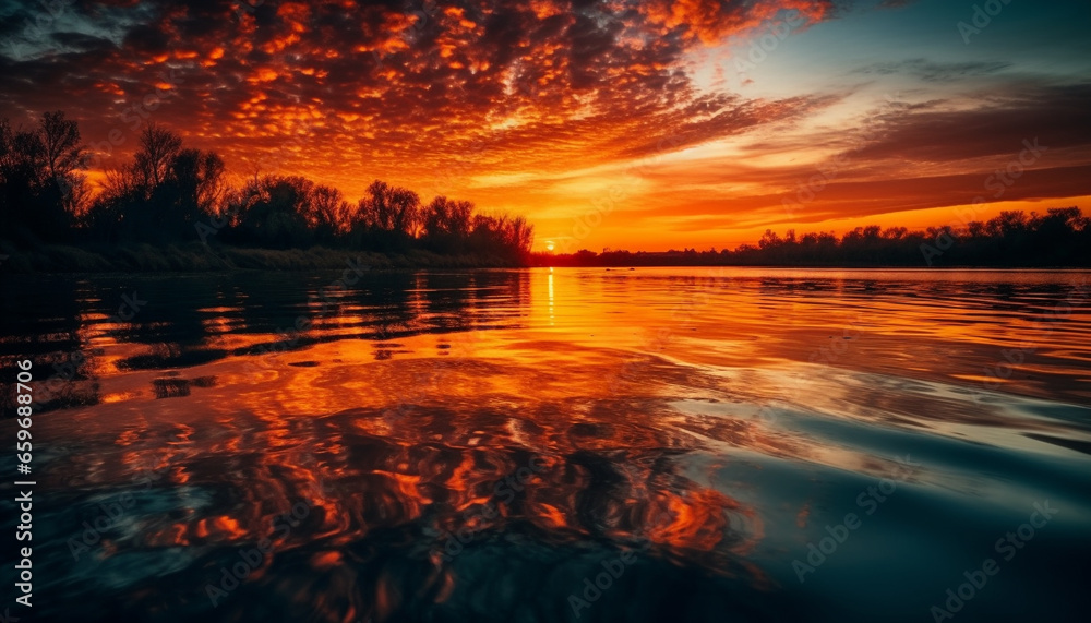 Tranquil scene of nature beauty in sunset reflection over water generated by AI