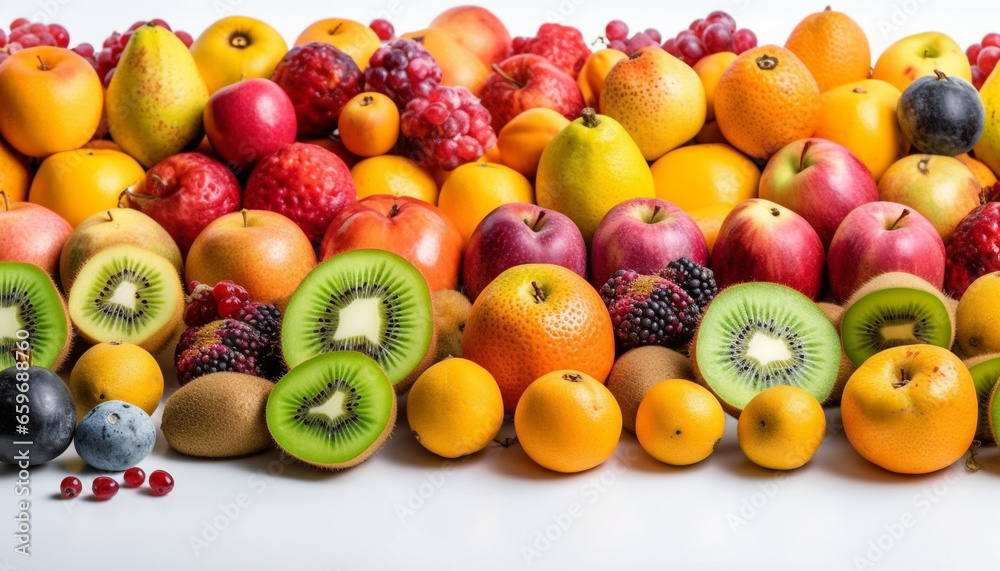 A vibrant collection of juicy, ripe fruit for healthy snacking generated by AI A vibrant collection of juicy, ripe fruit for healthy snacking generated by AI