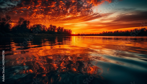 Tranquil scene of nature beauty in sunset reflection over water generated by AI