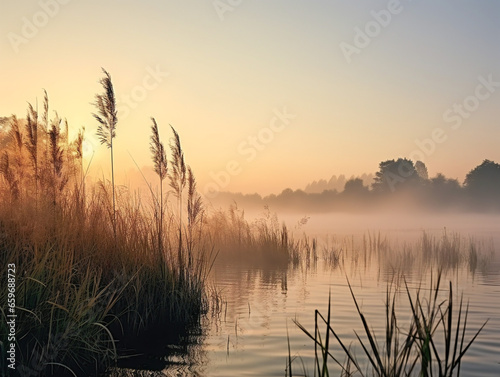 A peaceful and picturesque nature scene depicting foggy river reeds in a serene setting.