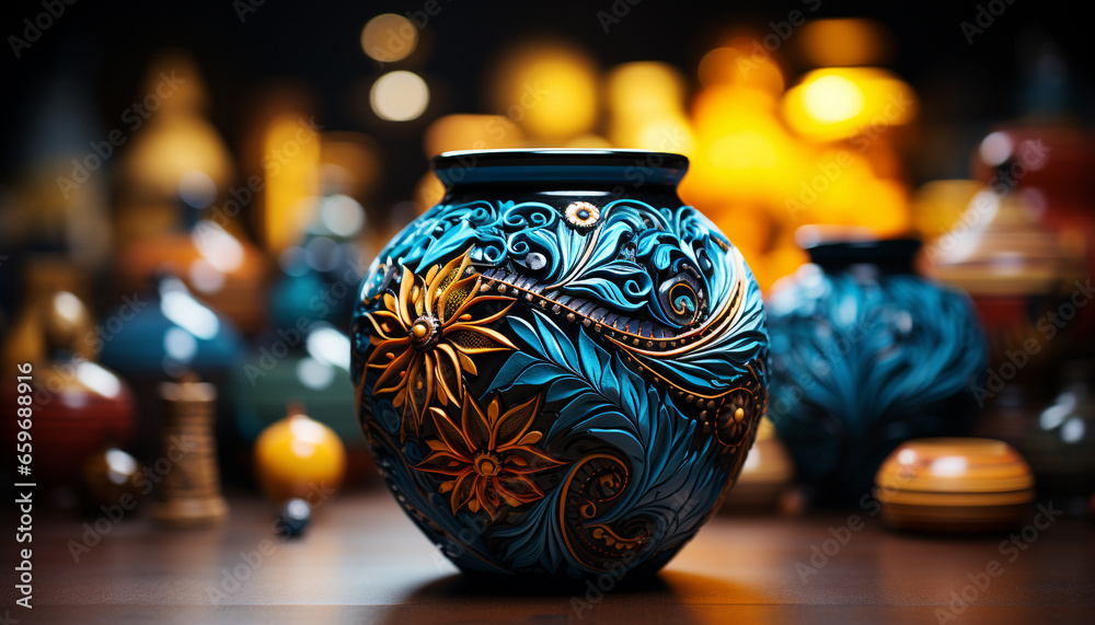 Decorative vase holds ancient pottery, illuminating elegance in home interior generated by AI