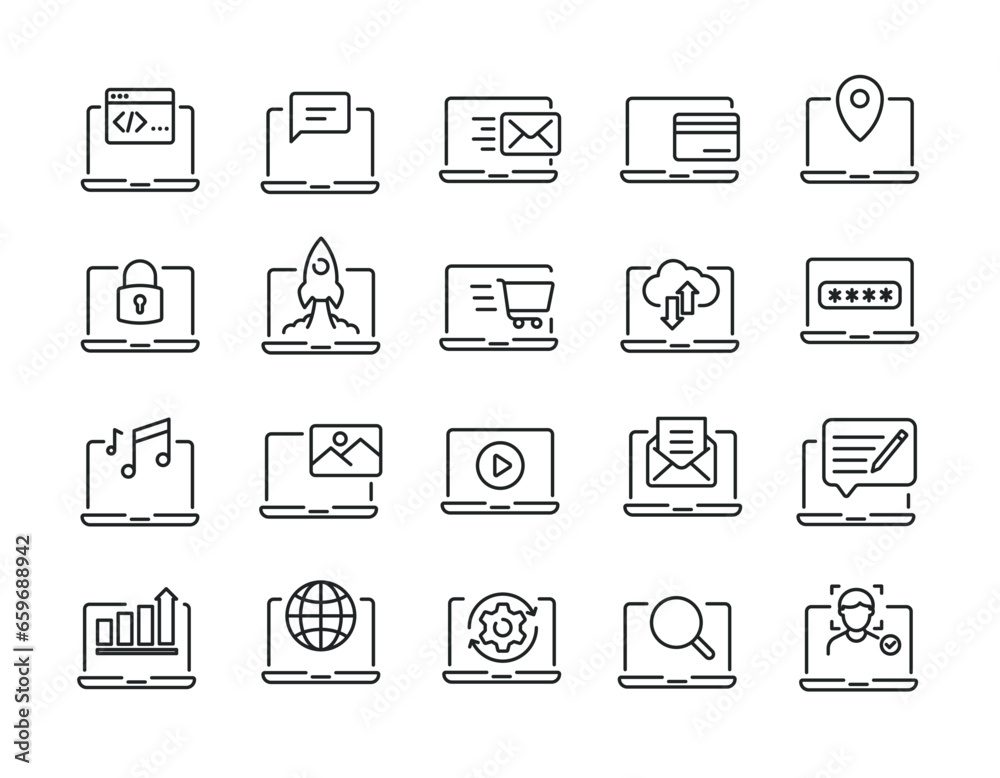 Laptop function, computer or notebook line icons. Editable stroke. For website marketing design, logo, app, template, ui, etc. Vector illustration. Laptop function, computer or notebook line icons. Editable stroke. For website marketing design, logo, app, template, ui, etc. Vector illustration.