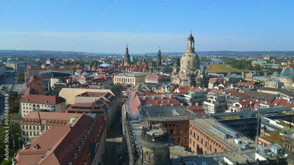 Smooth aerial top view flight drone. Dresden church Frauenkirche Germany summer Smooth aerial top view flight drone. Dresden church Frauenkirche Germany summer