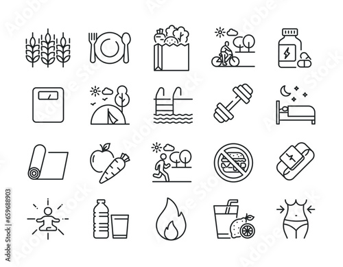 Healhty lifestyle line icons. Editable stroke. For website marketing design, logo, app, template, ui, etc. Vector illustration.