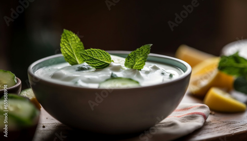 Organic vegetarian tzatziki dip with mint leaf and cucumber refreshment generated by AI