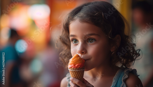 Cute girl enjoying ice cream outdoors, smiling with joy generated by AI