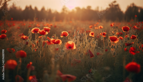 Vibrant wildflower meadow at dusk, backlit by sunset sky generated by AI