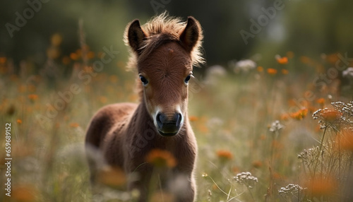 Cute foal grazing in green meadow outdoors generated by AI
