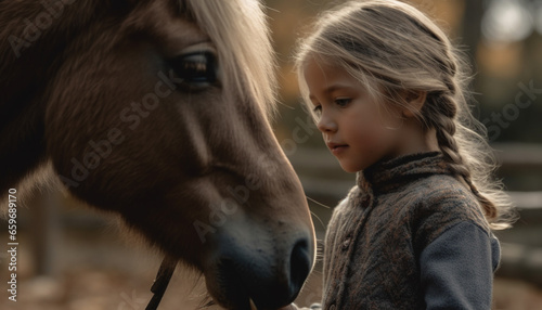 Blond girl smiling, stroking affectionate horse outdoors generated by AI