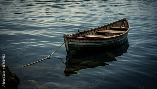 Fotografie, Obraz Silent rowboat moored on tranquil sunset pond generated by AI