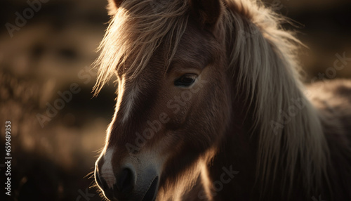 Stallion mane glows in sunset sunlight beauty generated by AI