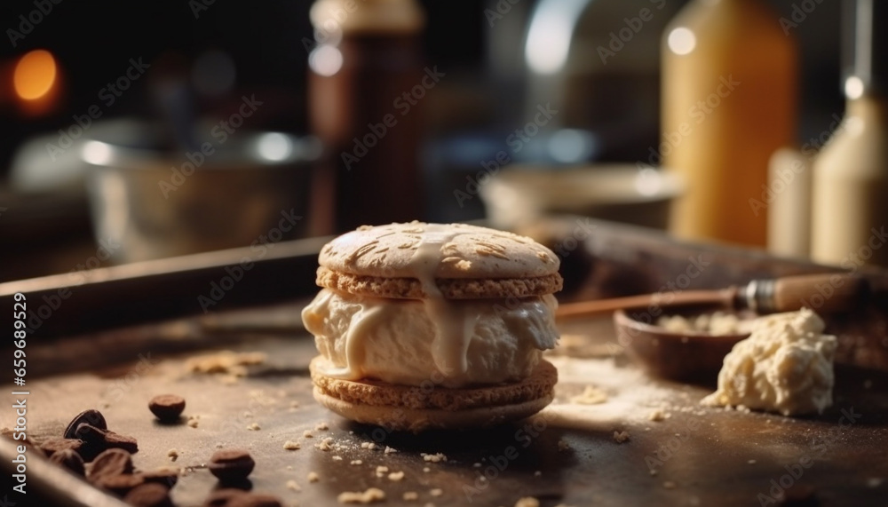 Homemade chocolate chip cookies on rustic wooden cutting board generated by AI Homemade chocolate chip cookies on rustic wooden cutting board generated by AI