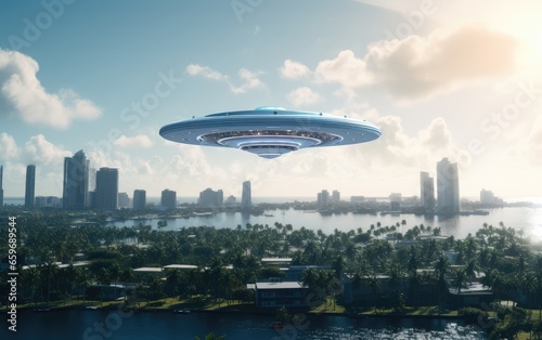 UFO, alien saucer floating in the air. Unidentified flying object, alien invasion of earth, extraterrestrial life, humanoid spaceship. strangers.