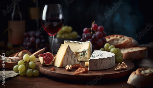 A rustic French buffet with cheese variation, fruit, and wine generated by AI