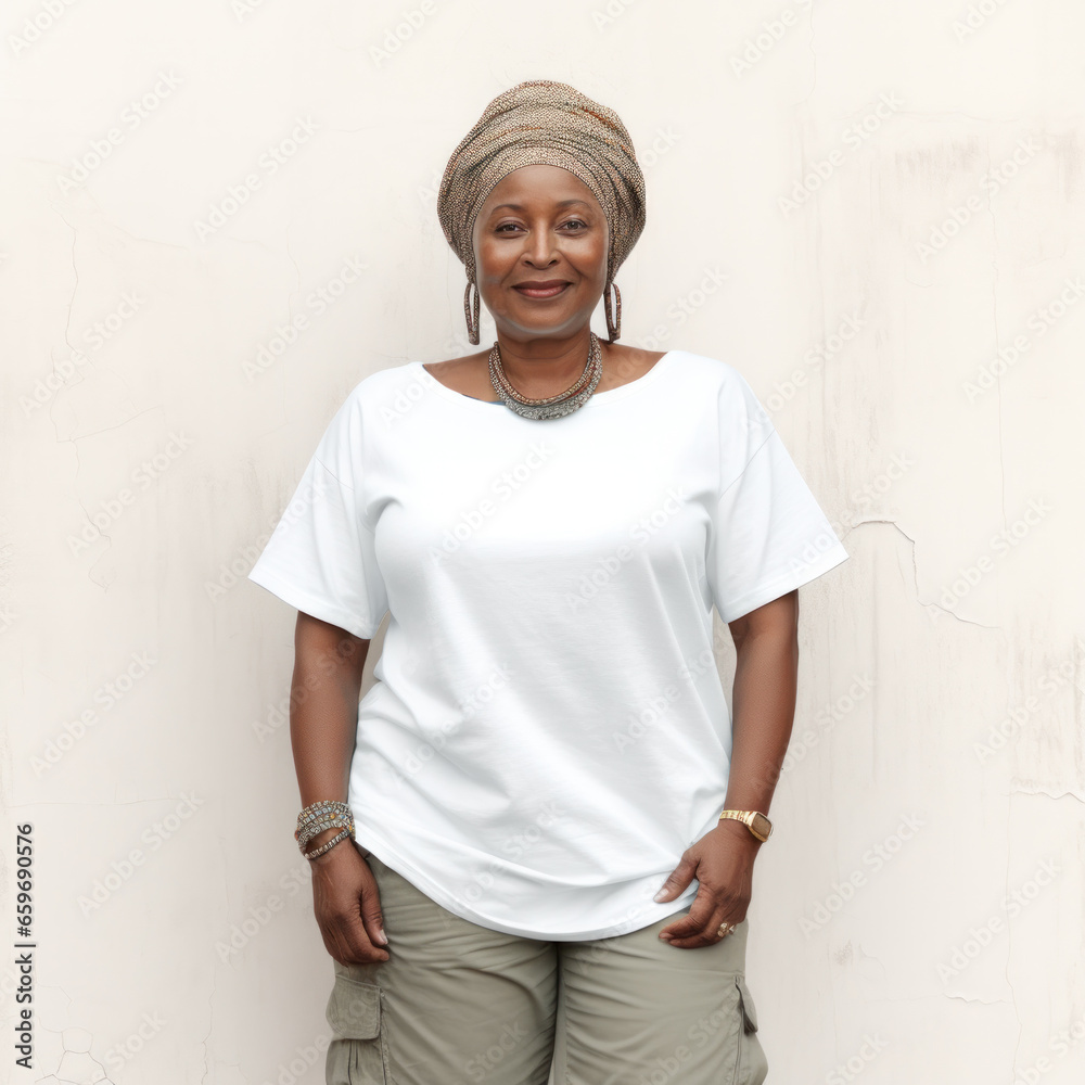 Attractive african american mid age female with curly hair, wearing white t shirt, stands against urban background, has calm face expression, tender smile. Attractive african american mid age female with curly hair, wearing white t shirt, stands against urban background, has calm face expression, tender smile.