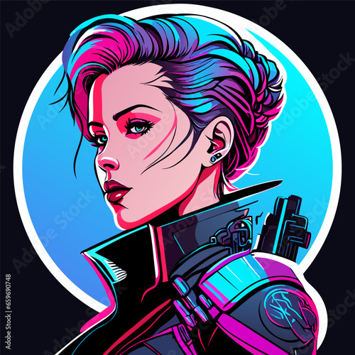 Cyberpunk sci-fi poster. Colorful vector illustration of beautiful girl with futuristic bright background. (ID: 659690748)