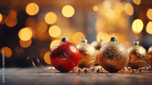 Merry Christmas ornaments. Red and Gold Christmas balls and lights Christmas tree on defocused lights Christmas with bokeh lights and stars. with soft and warm tones.