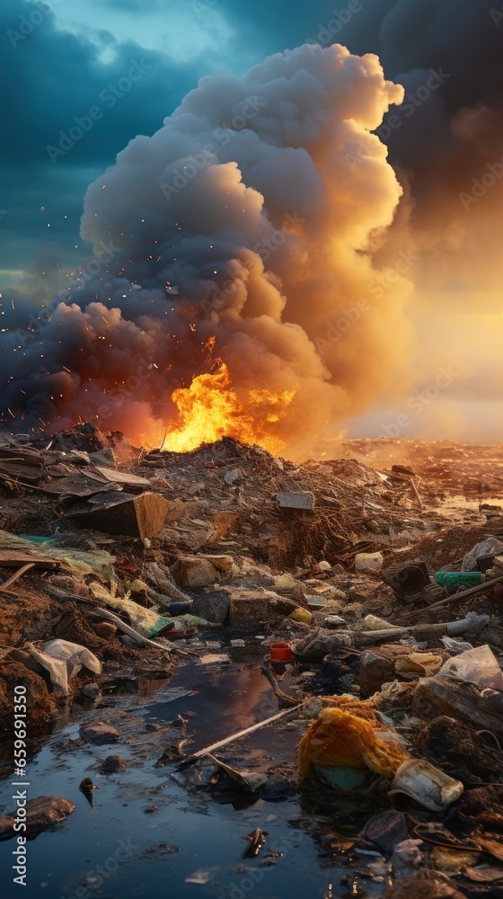 A polluted landfill overflowing with garbage.UHD wallpaper - obrazy, fototapety, plakaty 